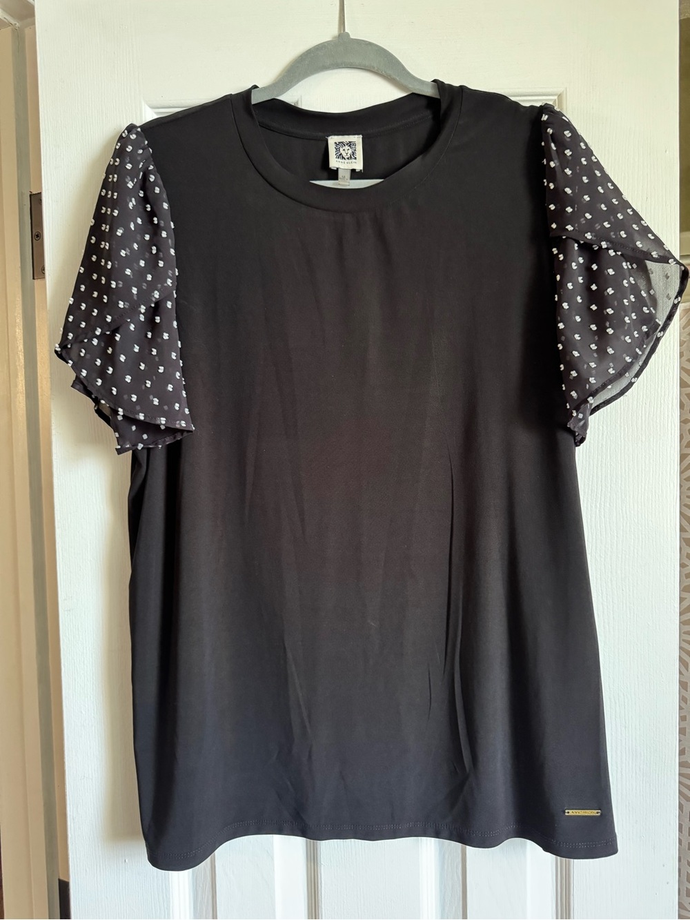 Anne Klein Black Short Sleeve Top with Sheer Patterned Ruffle Sleeves